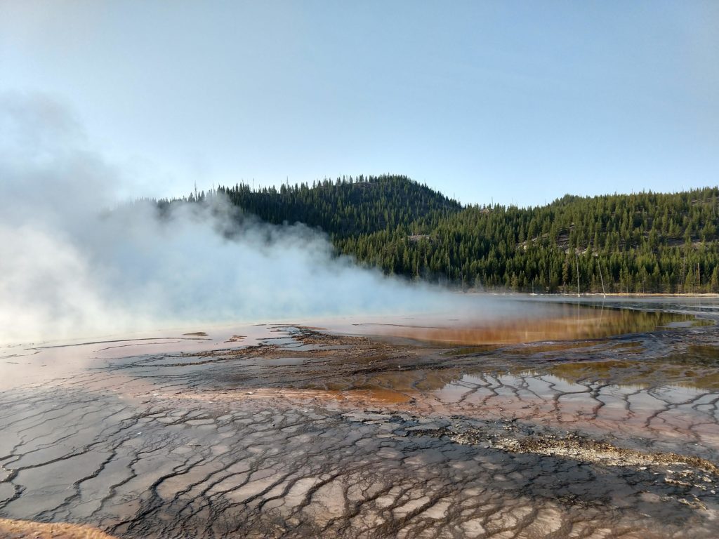 Grand Prismatic spring with overlook in the background
